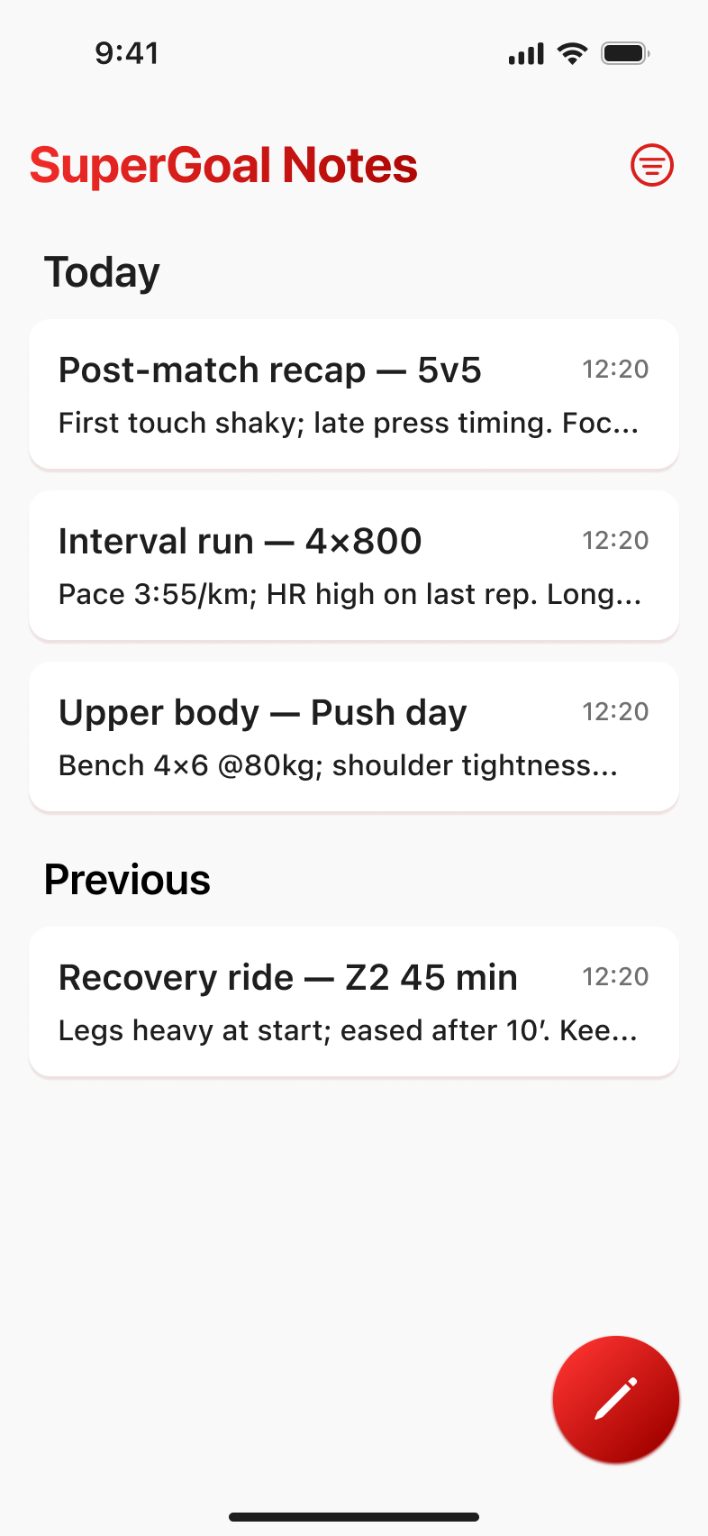 Superbot journal list with today’s match and workout notes