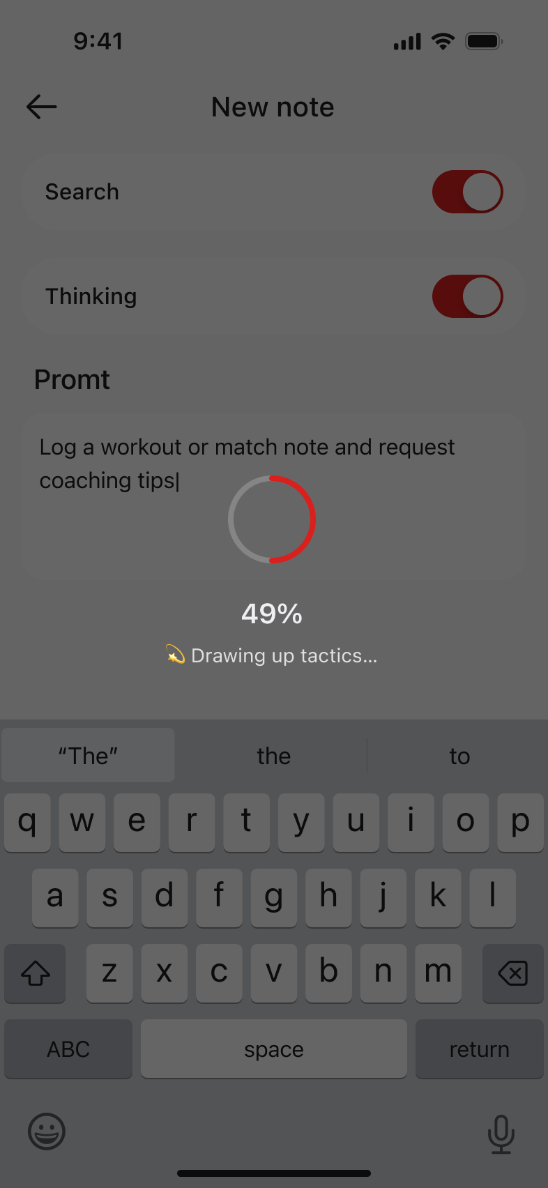 New note screen while Superbot drafts coaching tactics